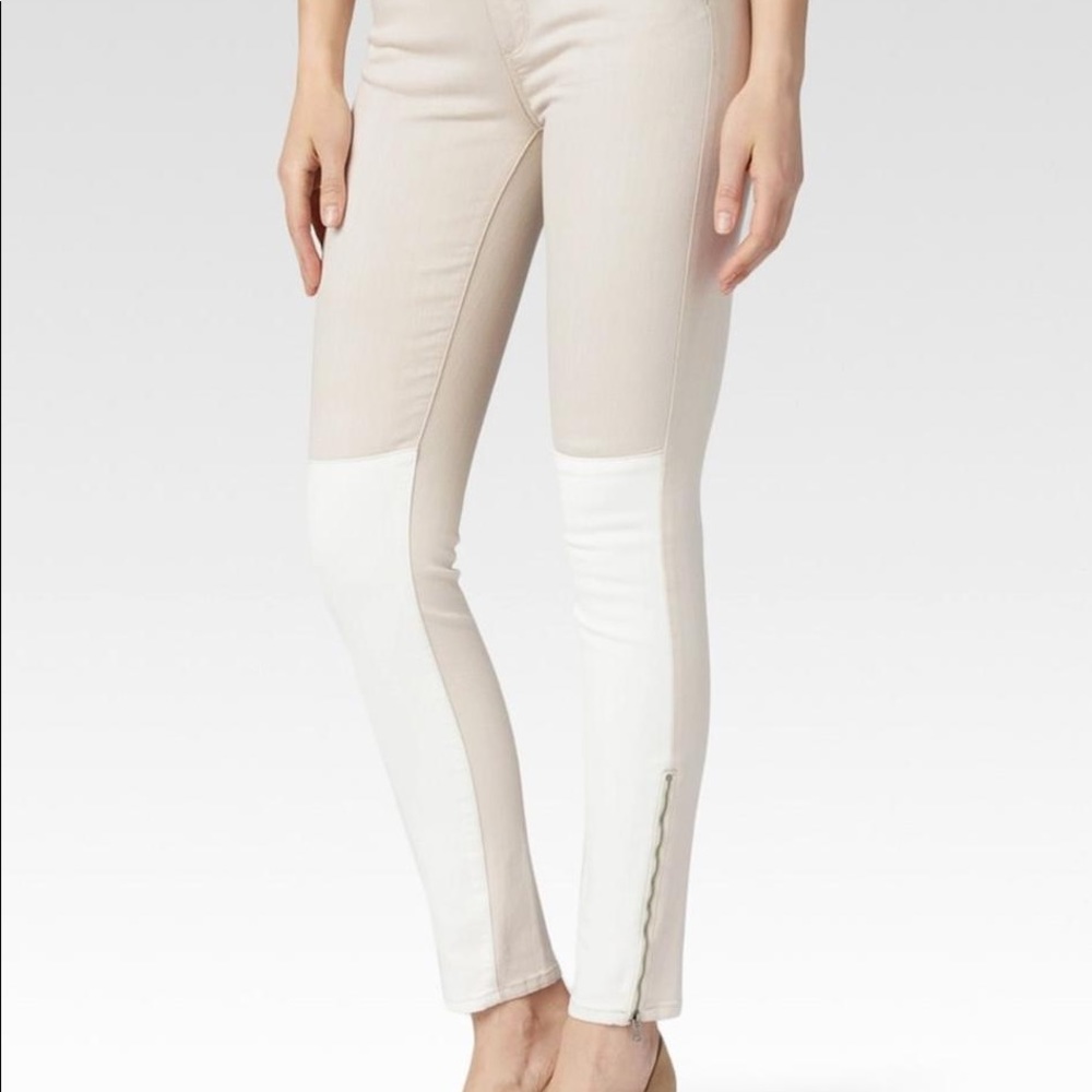 Paige tan and white Cara zip skinny jeans